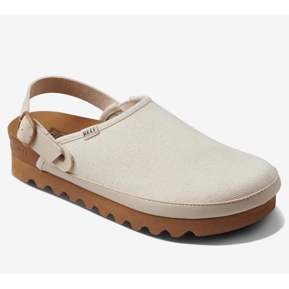 Reef Women's Cream Canvas Clog Mule with Tan Platform